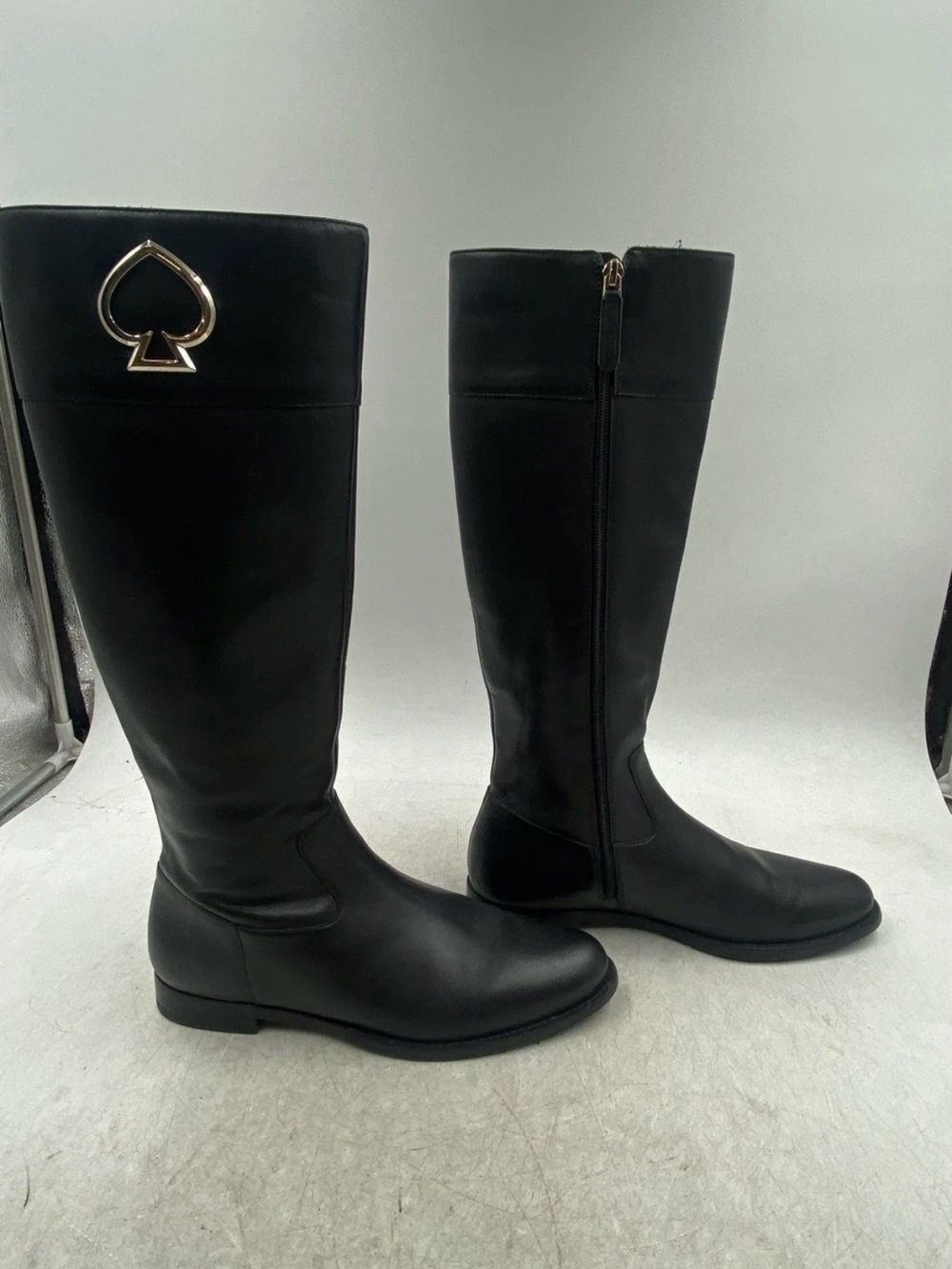kate spade Black Tall Leather Riding Boots with Gold Spade Emblem